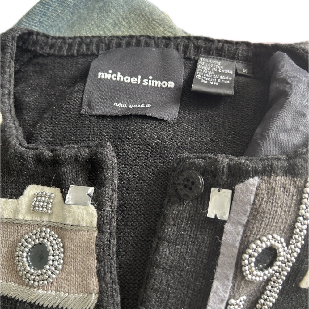 Michael Simon sweater with felt appliqué, beads, and stones.